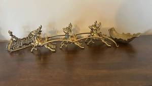 Antique Brass Reindeer Sleigh Sculpture with Ornate Scrollwork - 3 Deer