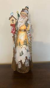 Vintage Santa Claus Figure with Winter Village Scene on Snowy Tree-Trunk Base