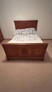 Antique French Country Carved Wood Bed Frame with Rosette Medallion - Headboard & Footboard