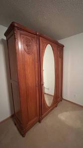 Antique French Country Armoire with Full-Length Mirror - Antique-Style Carved Wood