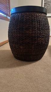Dark Brown Round Rattan Barrel Ottoman Stool with Wood Top