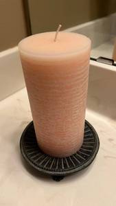 6 Pink Peach Pillar Candle on Ornate Black Metal Stand - Decorative Wax Candle