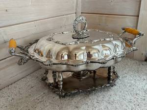 Ornate Silver-Plate CSC Chafing Dish on Stand with Yellow Bakelite Handles