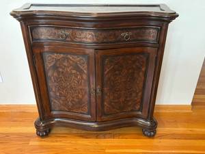 Filipino-Made Burl Wood Console Cabinet With Ornate Carved Panels
