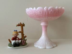 Pink Milk Glass Floral Compote Bowl & Girl Figurine Set