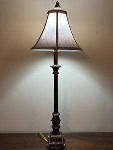 Antique-Style Bronze Floor Lamp with Ornate Pedestal Base and Taupe Fabric Shade