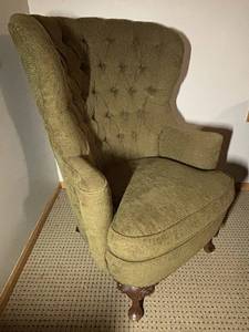 Olive Green Tufted Wingback Chair with Carved Front Legs