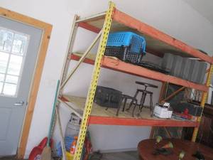 Pallet rack, 8 x 42 uprights, 8 beams.  Treated lumber plank shevles