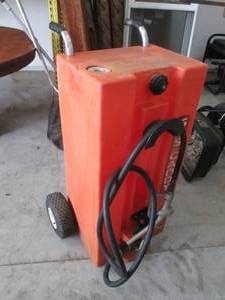Orange Portable Fuel Transfer Tank on Wheels with Hand Pump
