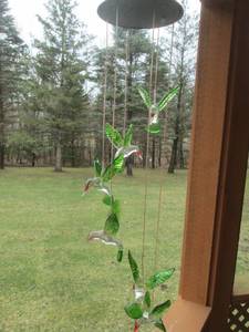 3 Solar-Powered Glass Hummingbird Wind Chimes - Green Hanging Yard Decor