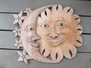 Wooden Sun & Moon Carved Wall Plaque - Dual Face Relief