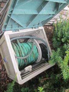 Garden Hose Reel Cabinet with Green Coil Hose - Outdoor Use