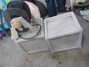 Two White Plastic Patio Storage Crates with Hose reel