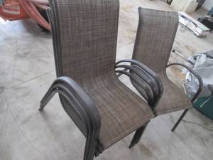 Stackable Outdoor Chairs - Brown Woven Fabric Seats, Metal Frames (Lot of 2)