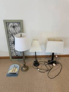 Ornate Floor Lamp & 2 Table Lamps With White Shades - Vintage Lighting Set