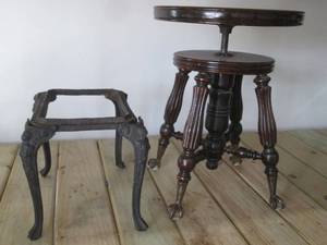 Antique Pedestal End Table with Turned Legs and Cast Iron Plant Stand (2-Piece Set)