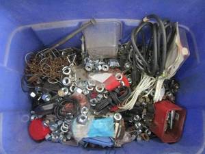 Hardware Assortment in Blue Bin - Nuts, Bolts, Washers, Cords & Rope
