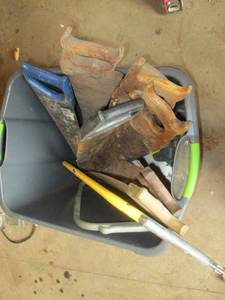 Hand Saws & Blades in Bucket - Rusty Carpentry Tools