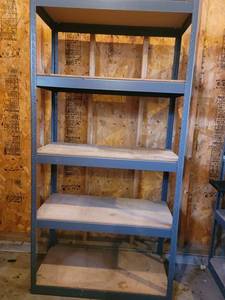 Blue Steel Shelving Unit With Wood Shelves - Adjustable 4-Shelf Rack