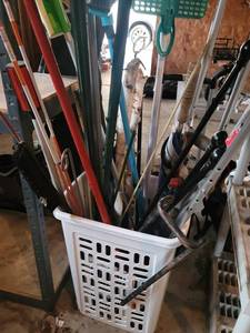 Assorted Garden Tools in Basket - Rakes, Brooms, Mops & Umbrella Poles