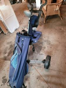 BagBoy Pro X7 Tour Collection Push Cart with Blue Cart Bag and Irons