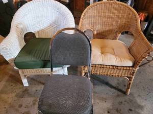 Chairs - Grey Metal-Frame Chair, White Wicker Armchair, Brown Wicker Loveseat (Lot of 3)