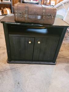 Vintage Black Wood Console Cabinet With 2 Doors And Leather-Trim Travel Trunk