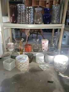 Assorted Glass Vases & Planters - Two-Shelf Display of Decorative Containers