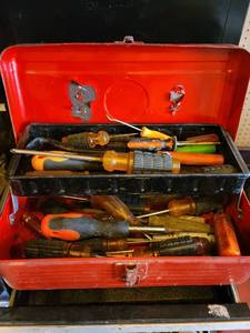 Red Portable Toolbox with Assorted Screwdrivers and Hand Tools