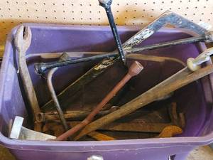 Rusty Metal Tools Collection - Wrenches, Pry Bars & Rods in Purple Bin
