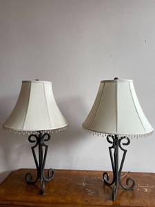 Pair of Wrought Iron Table Lamps with Cream Beaded Fringe Shades