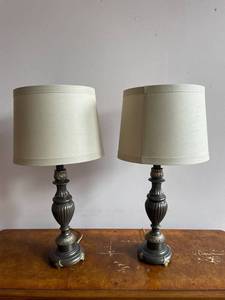 Pair of Ornate Cast Metal Table Lamps With Fabric Shades
