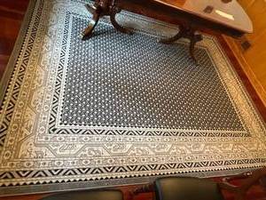 Area Rug - 120 x 95 in - Black Field with Cream Geometric Border