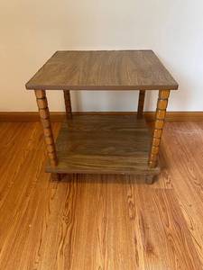 Oak Wood End Table - 19-Inch Square Top, Two Shelves, Turned Spindle Legs