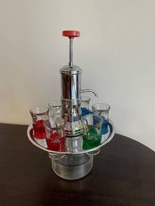 Vintage Chrome Beverage Dispenser With Pump And 8 Color Glass Shot Glasses