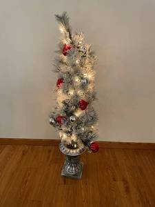 Tabletop Frosted Christmas Tree - Lights & Red Ornaments on Pedestal 4 tall