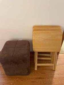 Nest of Tables & Ottoman - Light Wood Tables, Brown Fabric Ottoman