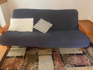Futon-Style Sofa with Wood Frame - Navy Upholstery & 2 Throw Pillows