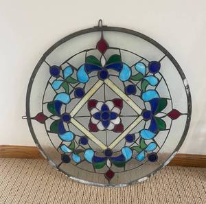 23 Stained Glass Round Window Panel - Floral Motif, Multicolor Circular Art