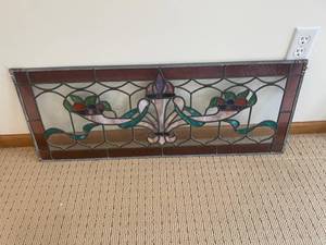 Fleur-de-Lis Stained Glass Panel - Burgundy Border Wall Hanging 36 x 14