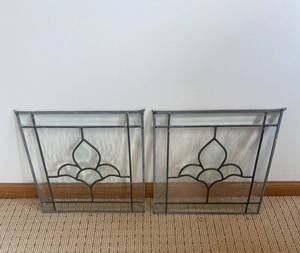 Pair of Wrought Iron Decorative Window Panels With Textured Glass - 14 x 14 in