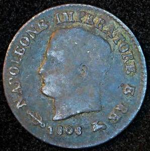 1808 Napoleonic Kingdom of Italy 1 Centesimo, Unaltered, MM Strike Error, Poss Rare V over M