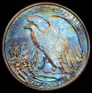 Spectacular Uncirculated 1943 Walking Liberty Half Dollar wGold Hue & Rainbow Toning