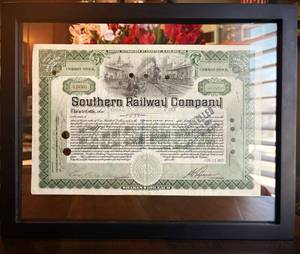 Framed Southern Railway Co. Cancelled Stock Certificate - No Shipping on this Item