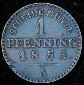 1853-A Prussia 1 Pfenning, Unaltered, KM# 451, Die Cracks, Planchet Flaws