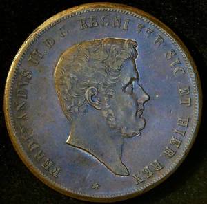 1849 Two Sicilies 10 Tornesi, Italian States, VFXF, Unaltered wTraces of Red Remaining, KM# 331