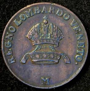 VFXF 1822-M Lombardy-Venetia 1 Centesimo, Unaltered RedBrown wGood Luster, N# 6355