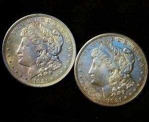 AU 1921 P & D Morgan Silver Dollars