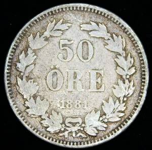 1881 Sweden .60 Silver 50 re Brdrafolkens Vl, 268k Mintage, KM# 740