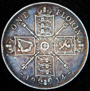 1914 Great Britain .925 Silver Florin, Original Surfaces wStriking Patina, VFVF